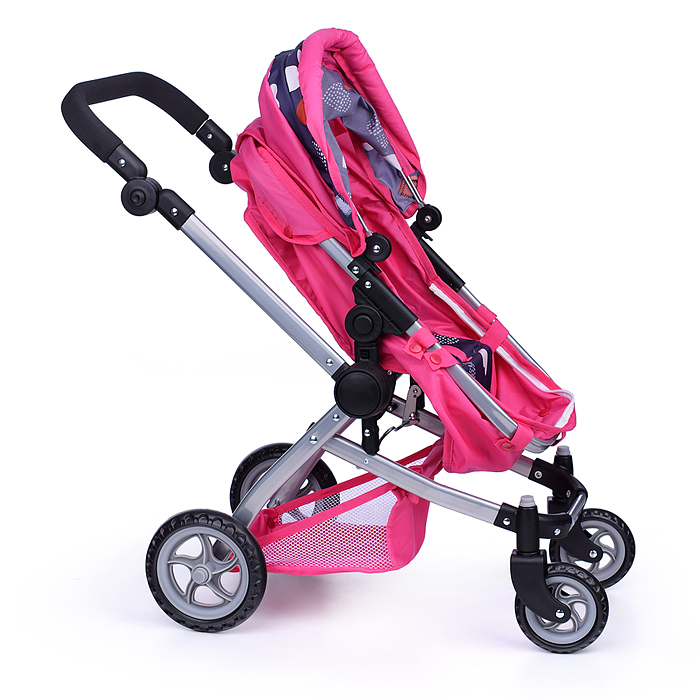 Коляска - трансформер для кукол 9651 металлическая, регулируемая ручка, с корзиной,цвет розово-серый