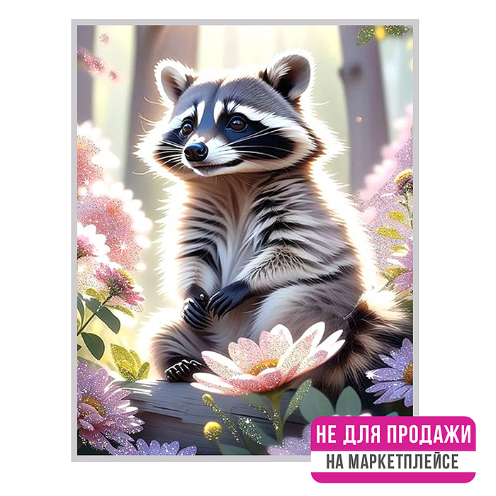 Картина по номерам 40х50 "Енот в цветах" с кристаллами из хрусталя (29 цветов)