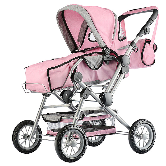Коляска зима-лето 9360 для кукол, металлическая, с люлькой-переноской, с корзиной, с сумкой