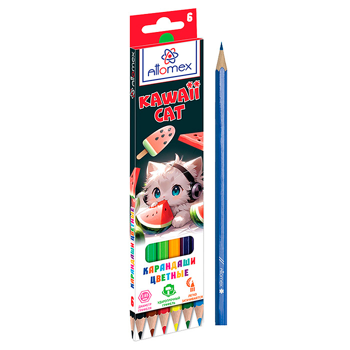 Карандаши цветные 6 цв. "Kawaii Cat" М, диаметр грифеля 2,65 мм, шестигранные, в карто