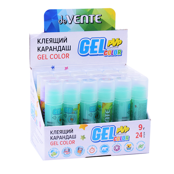 Клеящий карандаш PVP основа "Color Gel" 09 г гелевый цветной полупрозрачный, 4 цвета ассорт