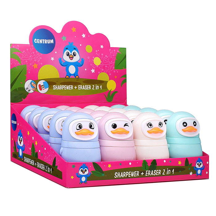 Точилка пластиковая с ластиком и контейнером "Penguin"