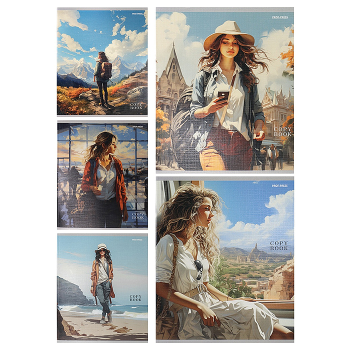 Тетрадь 48л. клетка "Девушки-путешественницы" (цветная мелов. обл., лён)