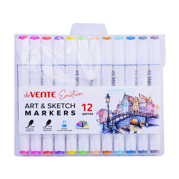 Набор маркеров для скетчинга "Emotion" 12 пастельных цветов, двусторонние (пулевидный 1 мм/