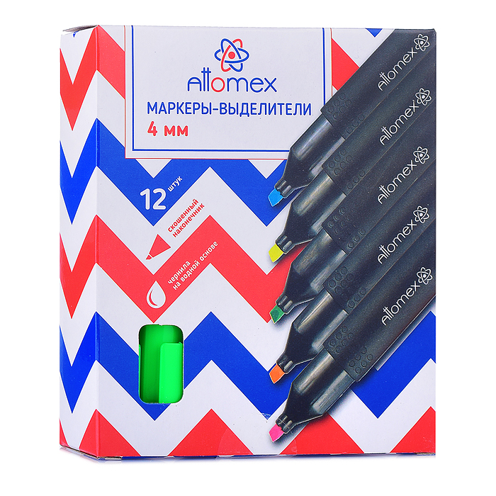 Маркер-выделитель "Attomex" плоский корпус с клипом, скошенный наконечник, ширина линии 1-4 мм, зеле
