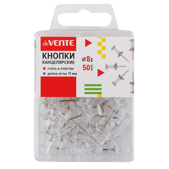 Кнопки канцелярские силовые диаметр 8 мм, прозрачные, с иглой серебристого цвета, в форме гвоздика