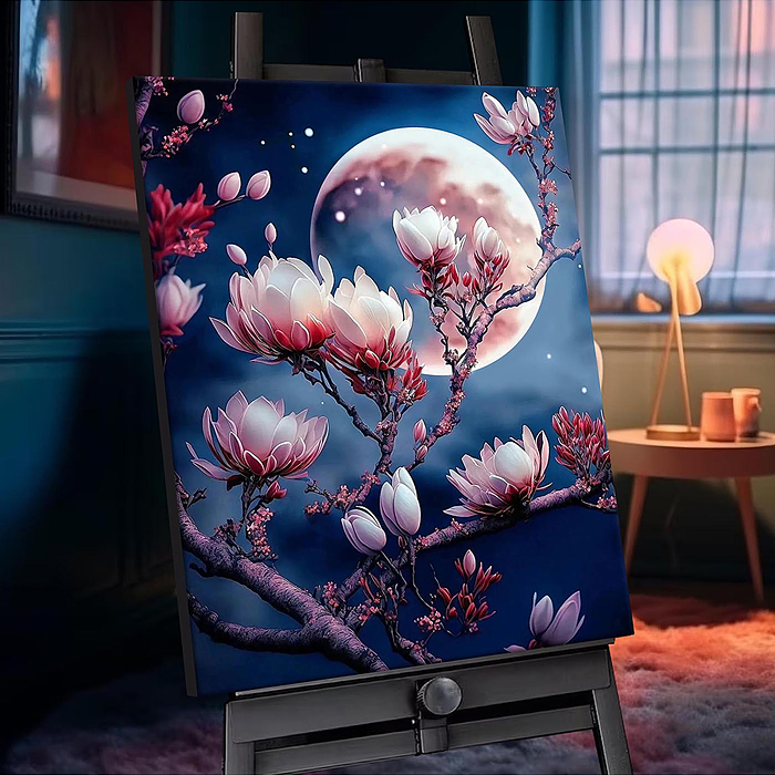 Картина по номерам 40х50 "Цветущая магнолия" с кристаллами из хрусталя (19 цветов)