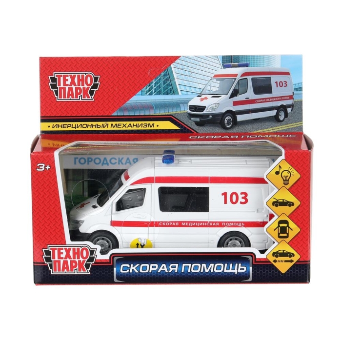 Машина металл свет-звук "Скорая помощь" 14,5см, двери, багаж, инерц, бел, кор. 
