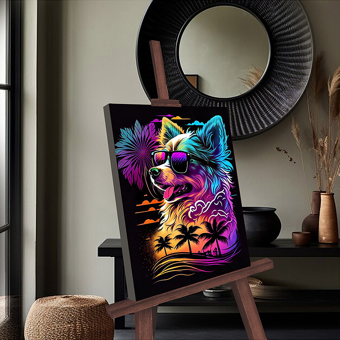 Картина по номерам 30х40 "Неоновый пес" черный холст, светящаяся краска, цветная схема (19 цветов)