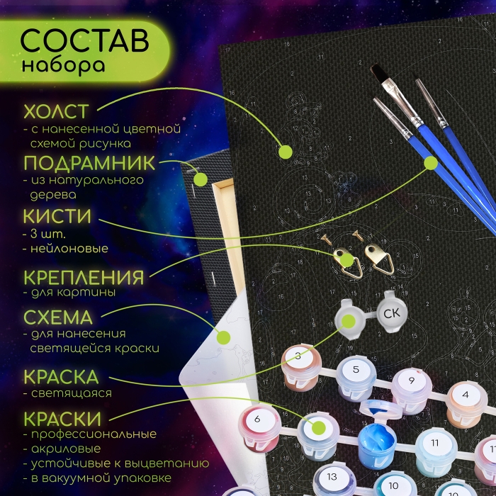 Картина по номерам 30х40 "Неоновый пес" черный холст, светящаяся краска, цветная схема (19 цветов)