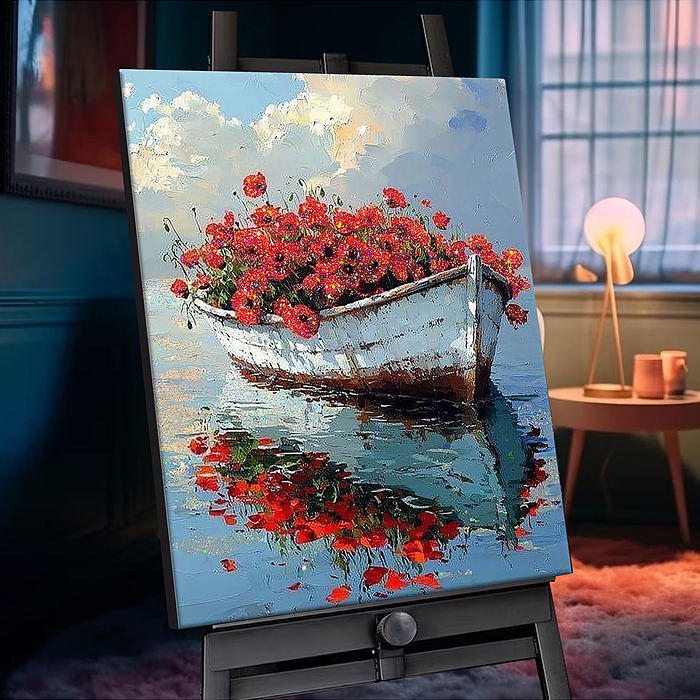 Фото к товару Картина по номерам 40х50 "Лодка с красными маками" с кристаллами из хрусталя (23 цветов) Картина по номерам 40х50 "Лодка с красными маками" с кристаллами из хрусталя (23 цветов)