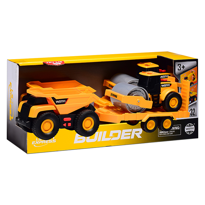 Машина WY1106A-2 "Бульдозер" с прицепои и катком, 1:32 (свет, звук) в коробке