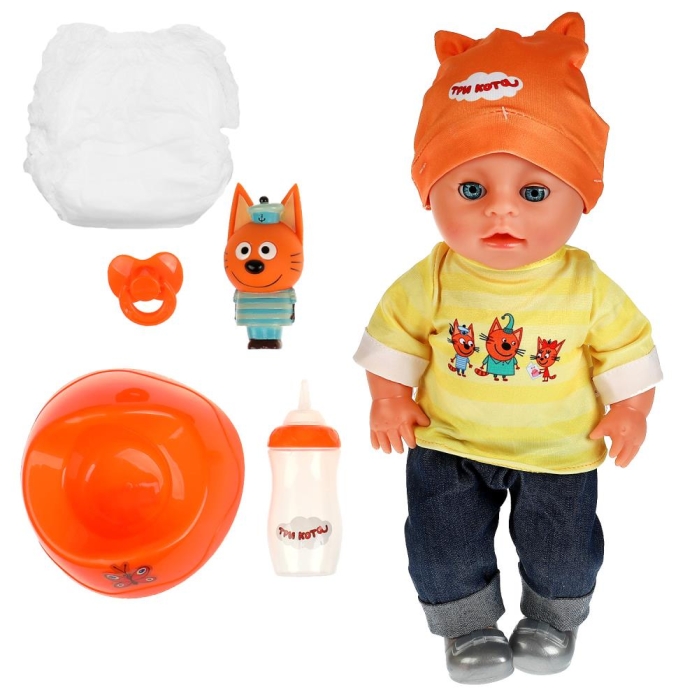 Фото к товару Пупс озвуч Три Кота 30см, пьет, пис, плачет, 40 фраз и песен, пласт игр, 4 акс Пупс озвуч Три Кота 30см, пьет, пис, плачет, 40 фраз и песен, пласт игр, 4 акс