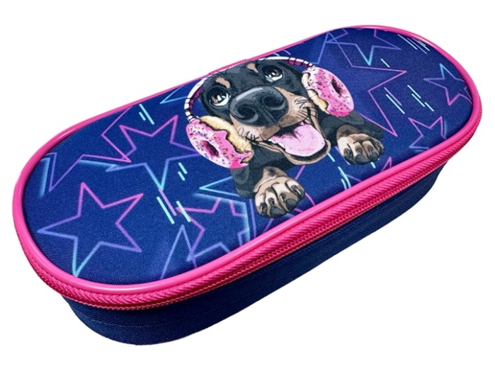 Пенал корпусный овальный "Пес в наушниках" 210х85х50мм, жесткий каркас овальной формы на картоне