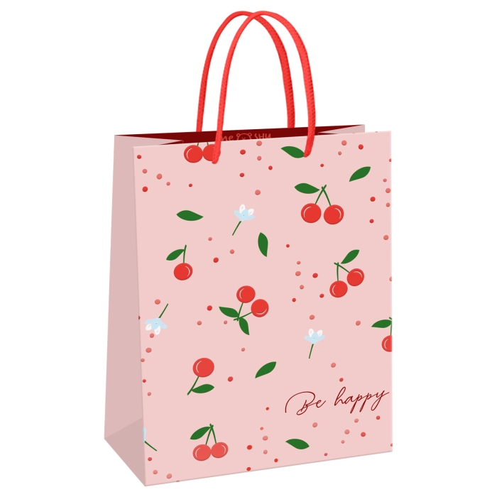 Пакет подарочный 11х14х6,5см "Cherry" блестки, матовая ламинация 