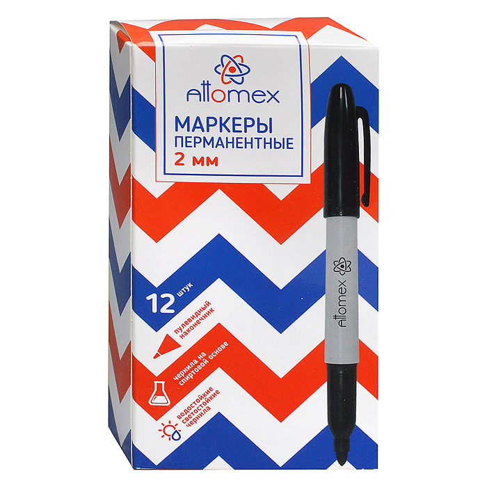 Маркер перманентный "Attomex" круглый корпус, пулевидный наконечник, ширина линии 2 мм, черный