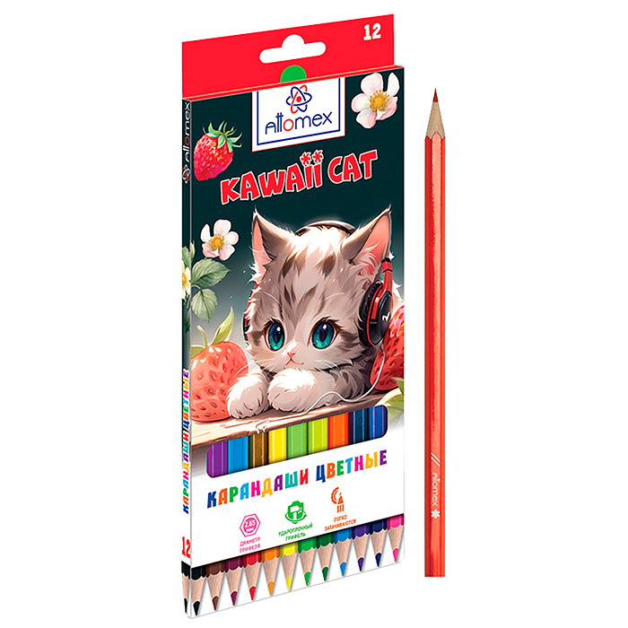 Карандаши цветные 12 цв. Attomex "Kawaii Cat" М, диаметр грифеля 2,65 мм, шестигранные, в карто