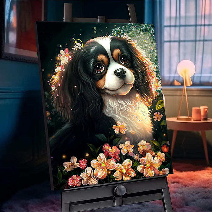 Картина по номерам 40х50 "Чарльз спаниель" с кристаллами из хрусталя (29 цветов)