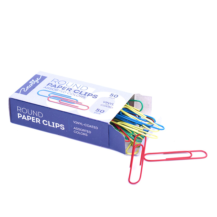 Скрепки металлические овальные цветные 50 мм, 50 шт в картонной коробке