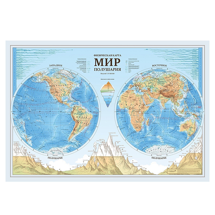 Карта настенная. Мир Физическая. Полушария 1:37М 101х69см на рейках (с ламинацией)
