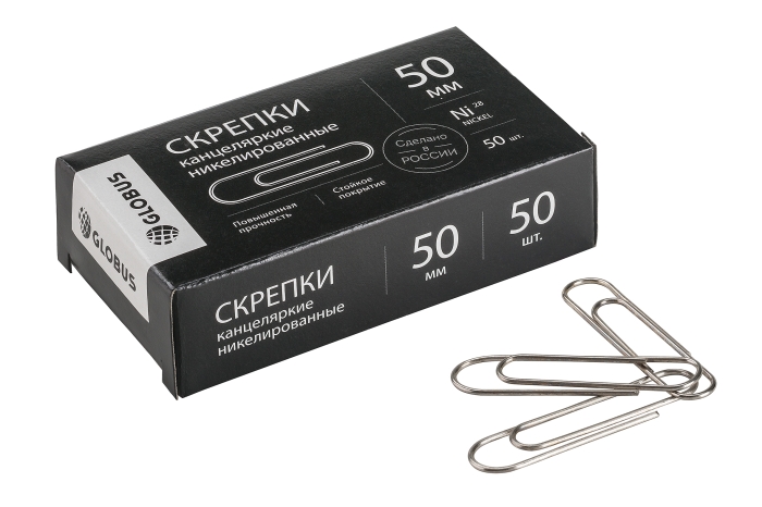 Скрепки "Quality" L50 мм 50 шт., карт. упаковка, никелированные 