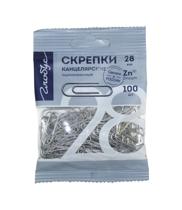 Скрепки L28 мм 100 шт., пакет с европодвесом, оцинкованные 