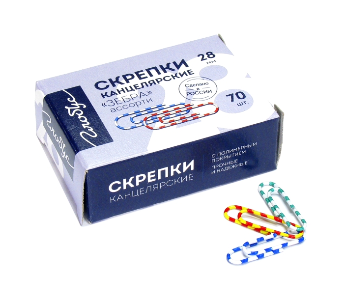 Скрепки L28 мм 70 шт., карт. упаковка, зебра 