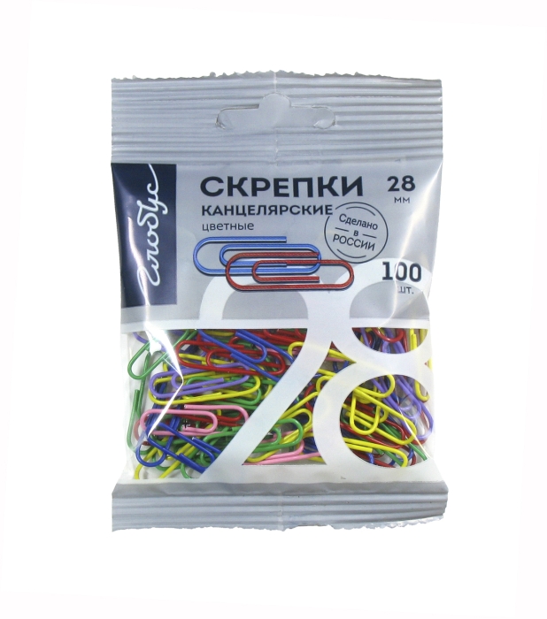 Скрепки L28 мм 100 шт., пакет, европодвес, цветные 