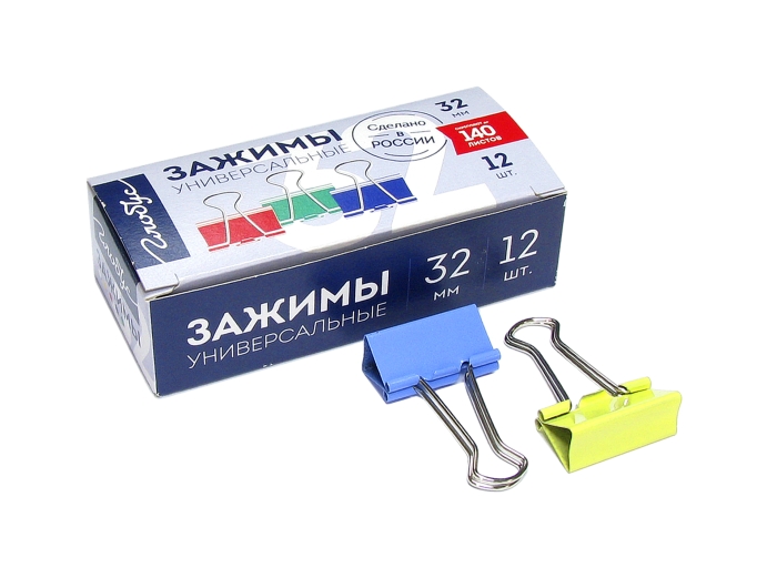 Зажимы для бумаг 32 мм 12 шт., цветные 