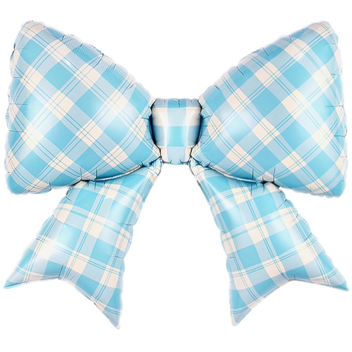 Шар (38''/97 см) Фигура, Бант, Клетка Виши, Голубой, Сатин, 1 шт. в уп.