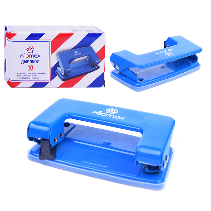 Дырокол (10 листов) металлический, в картонной коробке, синий