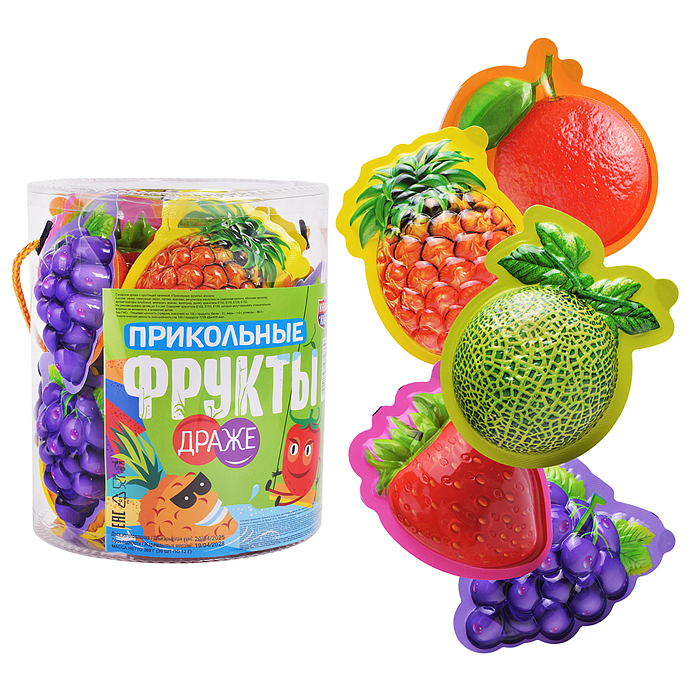 Сахарное драже с хрустящей начинкой "Прикольные фрукты" ассорти 12гр*30шт