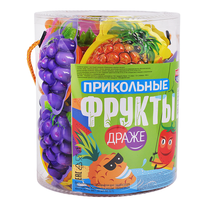 Сахарное драже с хрустящей начинкой "Прикольные фрукты" ассорти 12гр*30шт