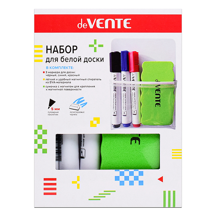 Набор маркеров для белой доски + магнитная стирательная губка (3цв - черный, синий, красный) 