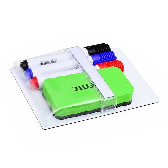 Набор маркеров для белой доски + магнитная стирательная губка (3цв - черный, синий, красный) 