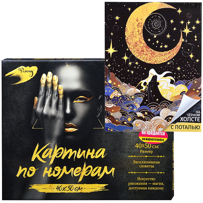 Картина по номерам 40х50 "Луноцвет и черная роза" с поталью чёрный холст (16 цветов)
