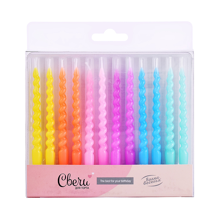Свечи Яркие спирали, Ассорти, 0,7*8 см, 12 шт.