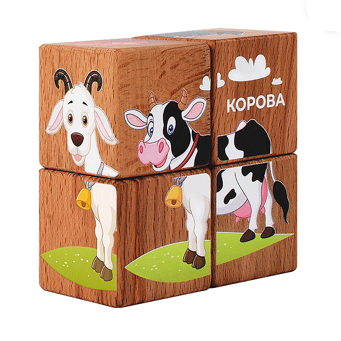 Набор кубиков обучающий "Домашние животные" (4кубика, 3 двусторонние карточки, развивающее методичес