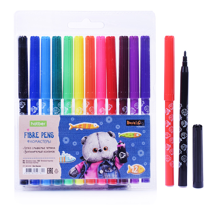 Фломастеры "ECO" 12 цв. "Кот Басик" в блистере с европодвесом