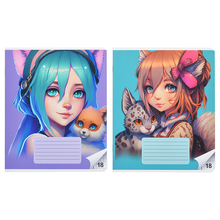 Набор Тетрадь Аниме Animal girls, формат А5, 18 листов с полями, 2 шт. клетка/линейка, на скре