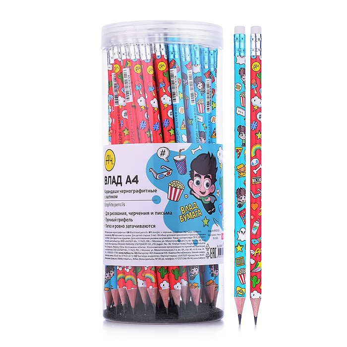Карандаш чернографитн. "Влад А4" круглый корпус 72шт. "HB" с ластиком заточенный