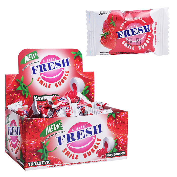 Резинка жевательная дражированная "Fresh Smile Bubble" со вкусом клубники с жидкими центром 100шт