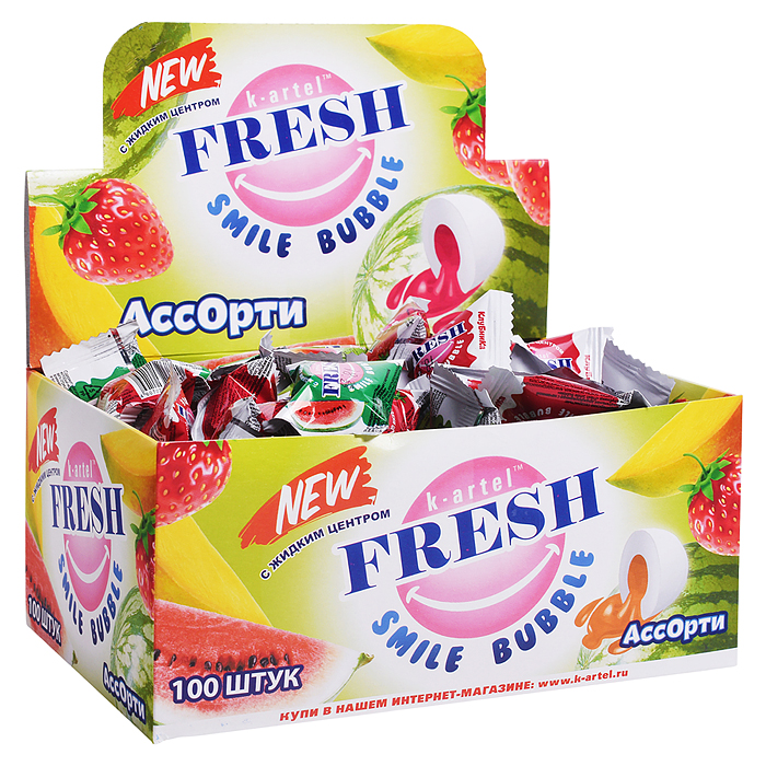 Резинка жевательная дражированная "FRESH SMILE Bubble" ассорти с жидкими центром 100шт