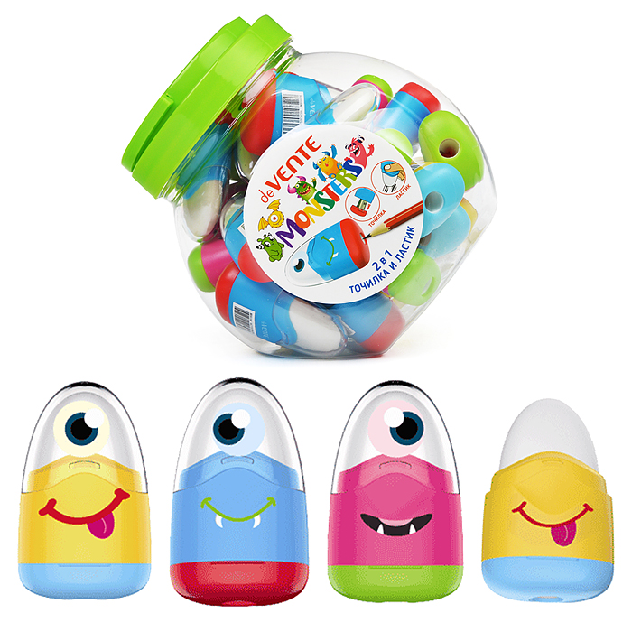 Точилка и ластик 2 в 1 "Monsters" 1 отверстие, пластиковая цветная с контейнером, ластик бе