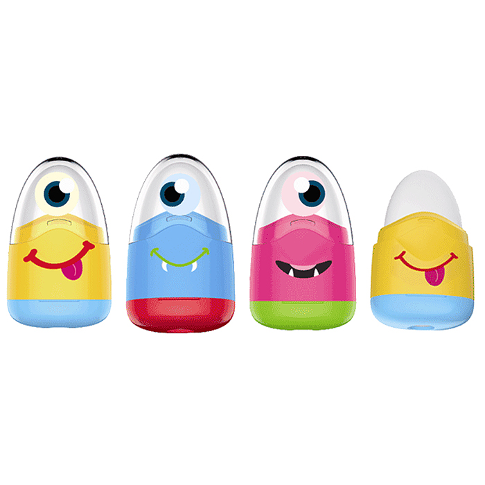 Точилка и ластик 2 в 1 "Monsters" 1 отверстие, пластиковая цветная с контейнером, ластик бе