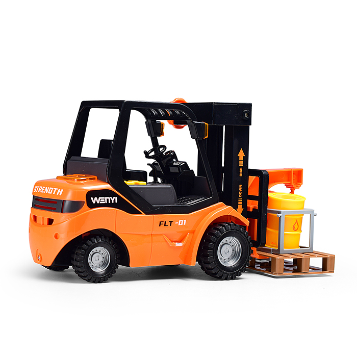 Погрузчик WY372A "Вилочный" с поддоном и бочками, 1:14 (свет,звук) в коробке