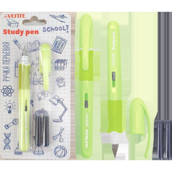 Ручка перьевая "School. StydyPen" перо тонкое F (Fine) в комплекте с 3-мя баллончиками 0,8 мл, синий