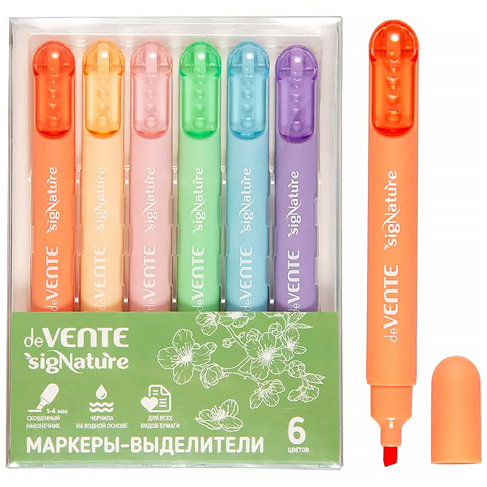 Набор маркеров-выделителей "SigNature" (6 цв) плоский корпус c клипом, скошенный наконечник