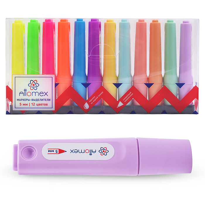 Набор маркеров-выделителей 12 цв, плоский корпус, скошенный наконечник, ширина линии 1-5 мм 