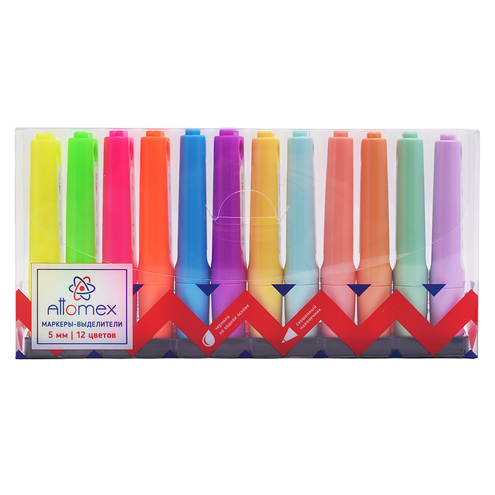 Набор маркеров-выделителей 12 цв, плоский корпус, скошенный наконечник, ширина линии 1-5 мм 
